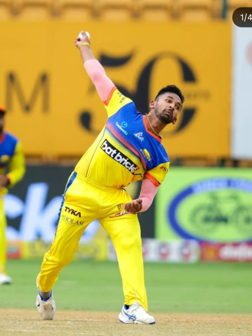 Aditya Mani bowling for Mysore Warriors in the Maharaja Trophy